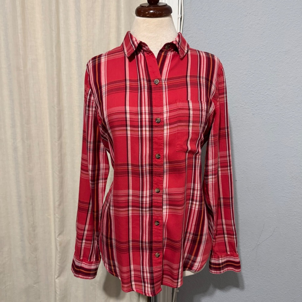 SO Favorite Shirt Womens Large Red Plaid Button Down Cotton Modal Long Sleeve